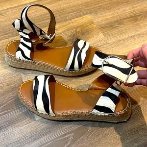 Franco Sarto sandals with ankle strap and genuine hair on hide leather straps.